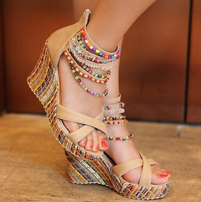 getmorebeauty Women's Wedge Sandals Pearls Across The Top Platform High Heels (7.5 US, Beige) - Image 5
