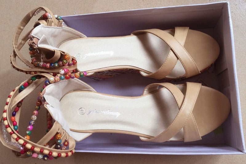getmorebeauty Women's Wedge Sandals Pearls Across The Top Platform High Heels (7.5 US, Beige) - Image 4