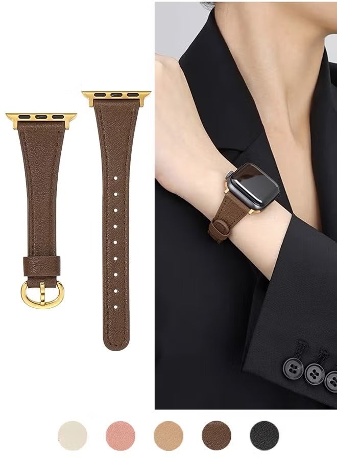 For Apple Watch Leather Band, Compatible with Apple Watch Band 38mm 40mm 41mm 42mm Women, Top Grain Genuine Leather Strap Thin Watch Wristband for iWatch Series10 9 8 7 6 5 4 3 2 1 SE Ultra 2 Brown - Image 1