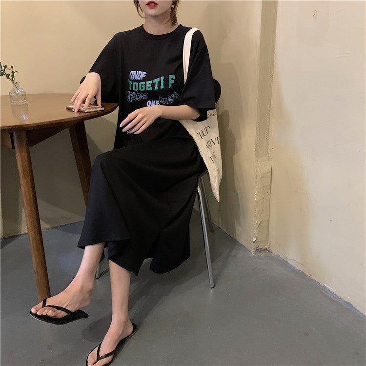 Summer Cotton Long Tee Shirt Dress with Pocket and Letter Print for Women Black