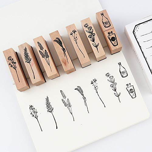 Dizdkizd 8 Pieces Vintage Wooden Rubber Stamps, Plant & Flower Decorative Mounted Rubber Stamp Set for DIY Craft, Letters Diary and Craft Scrapbooking - Image 1