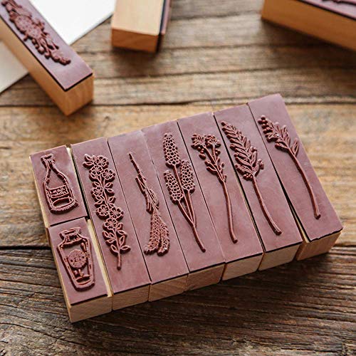 Dizdkizd 8 Pieces Vintage Wooden Rubber Stamps, Plant & Flower Decorative Mounted Rubber Stamp Set for DIY Craft, Letters Diary and Craft Scrapbooking - Image 4