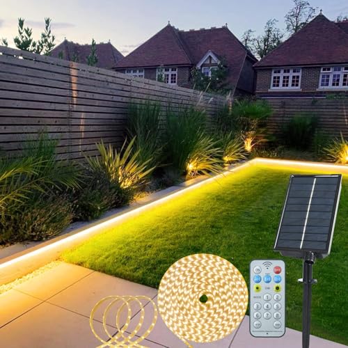 echosari Solar Powered Strip Lights Outdoor Waterproof, 16.4Ft 320 LED Strip Lights with Remote, Timer, 8 Modes, Cuttable, Strip Lights for Cabinet Stair Patio Walkway Decor (Warm White) - Image 1