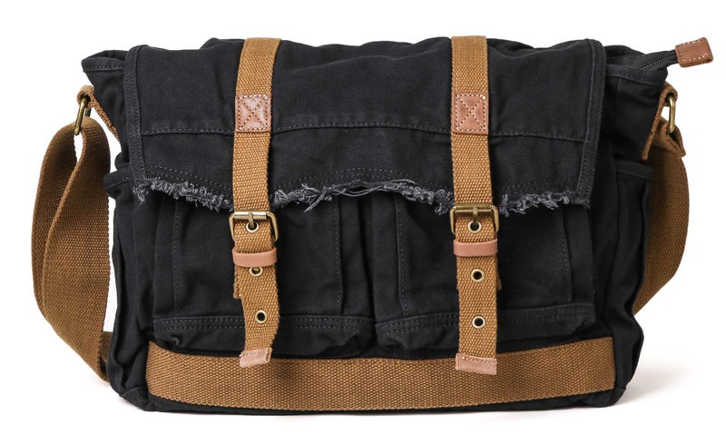 GOOTIUM Canvas Messenger Bag - Vintage Shoulder Bag Frayed Style Boho Purse, Black - Image 1