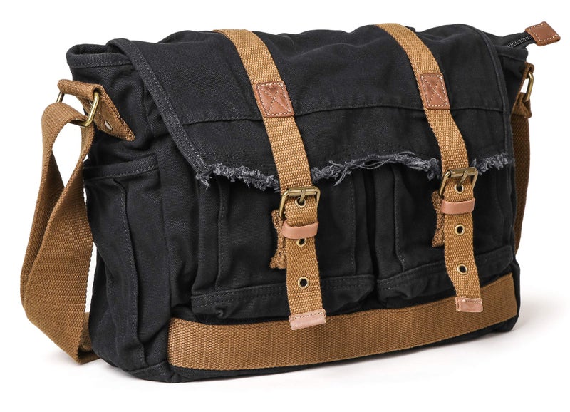 GOOTIUM Canvas Messenger Bag - Vintage Shoulder Bag Frayed Style Boho Purse, Black - Image 2