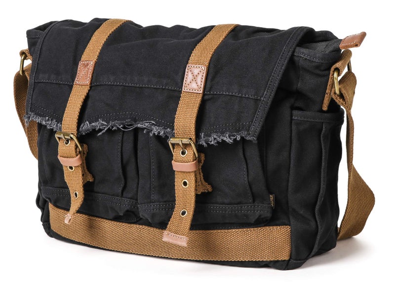 GOOTIUM Canvas Messenger Bag - Vintage Shoulder Bag Frayed Style Boho Purse, Black - Image 3