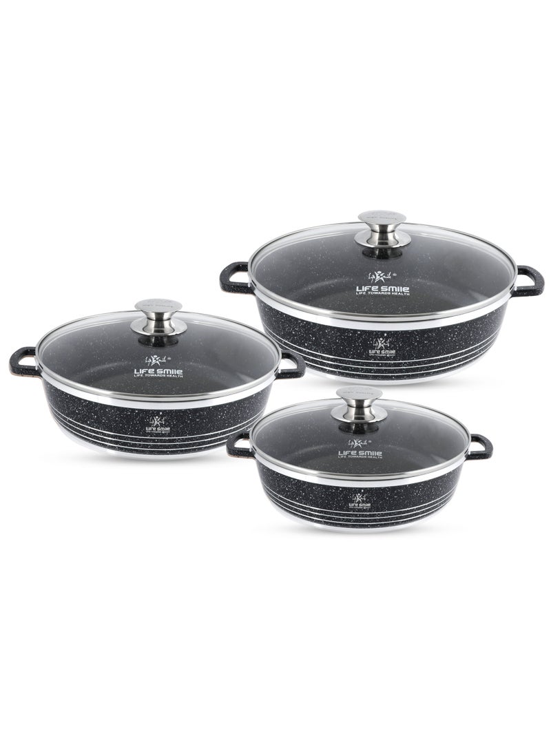 Life Smile Non Stick Cookware Set - Shallow Pots Set with Lid | 24 CM, 28 CM, 32 CM | Non Stick Pans PFOA FREE Granite Coating Frying Pans set | Kitchen Cooking Pots Oven Safe | Double Handles Black - Image 1