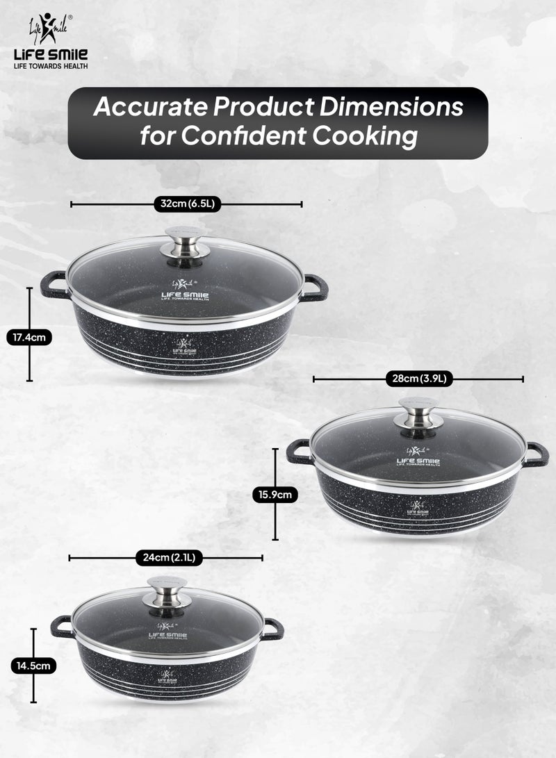Life Smile Non Stick Cookware Set - Shallow Pots Set with Lid | 24 CM, 28 CM, 32 CM | Non Stick Pans PFOA FREE Granite Coating Frying Pans set | Kitchen Cooking Pots Oven Safe | Double Handles Black - Image 3