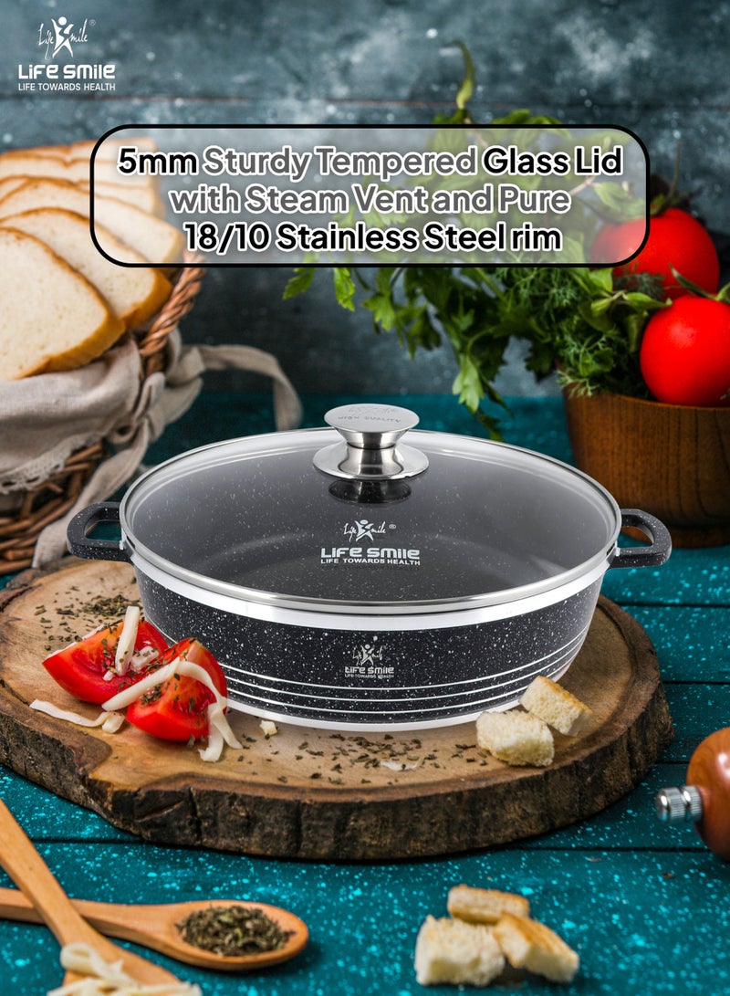 Life Smile Non Stick Cookware Set - Shallow Pots Set with Lid | 24 CM, 28 CM, 32 CM | Non Stick Pans PFOA FREE Granite Coating Frying Pans set | Kitchen Cooking Pots Oven Safe | Double Handles Black - Image 5