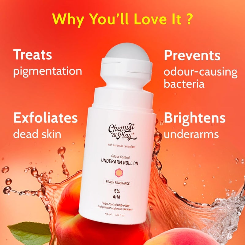 Chemist at Play UnderArm RollOn with 5 AHA Lactic Acid 1 Mandelic Acid Prevents Body Odour Brightens Skin Exfoliates Underarm Fades Pigmentation Kills Bacteria For Sensitive Skin Peach Fragrance Alcohol Free 40ml - Image 2