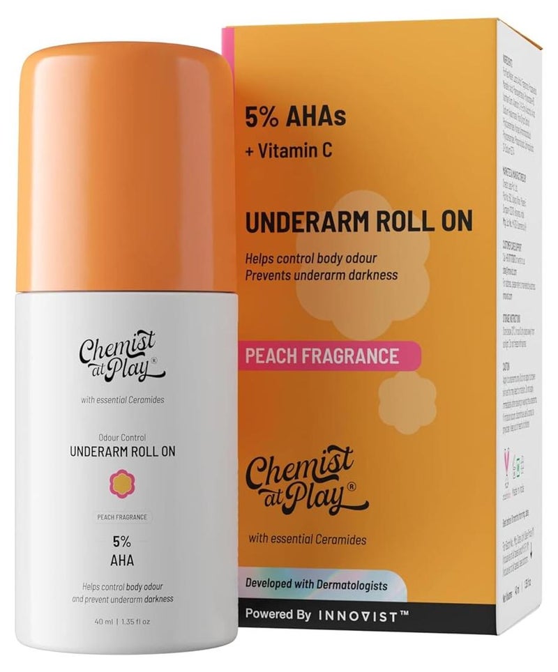 Chemist at Play UnderArm RollOn with 5 AHA Lactic Acid 1 Mandelic Acid Prevents Body Odour Brightens Skin Exfoliates Underarm Fades Pigmentation Kills Bacteria For Sensitive Skin Peach Fragrance Alcohol Free 40ml - Image 1