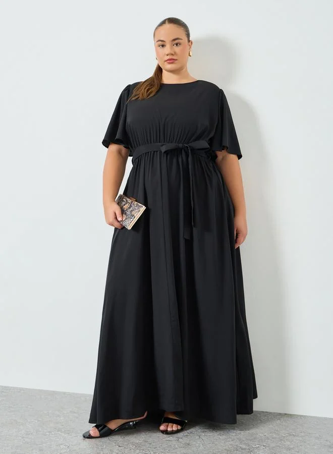 Styli Plus Size Black Pleated Maxi Dress