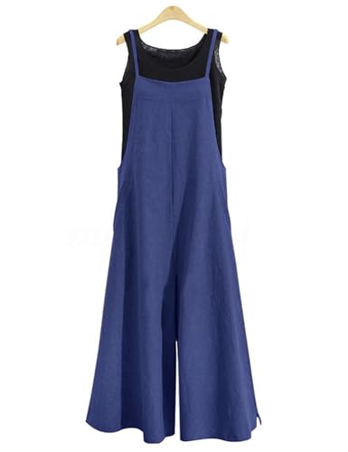 YESNO Women Casual Loose Long Bib Pants Wide Leg Jumpsuits Baggy Cotton Rompers Overalls with Pockets (L PZZTYP2 Navy Blue) - Image 2