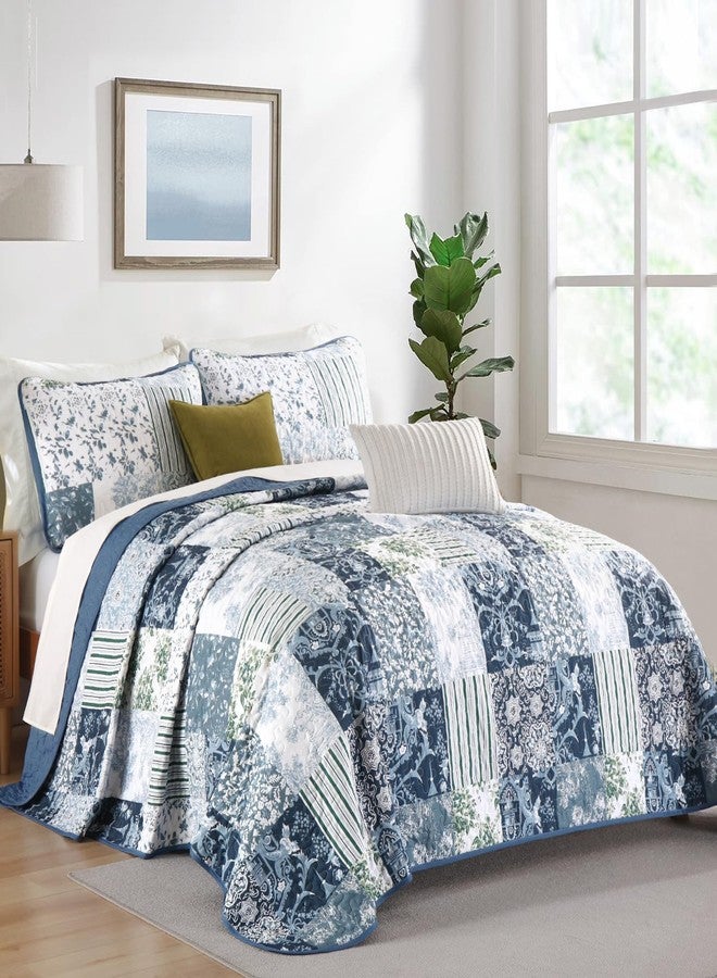 Drucon Patchwork Quilt Set King Size, Blue Plaid Reversible Bedspread Coverlet Set 3 Pieces for All Season, Soft Microfiber Bedding Set 104"x90" - Image 1