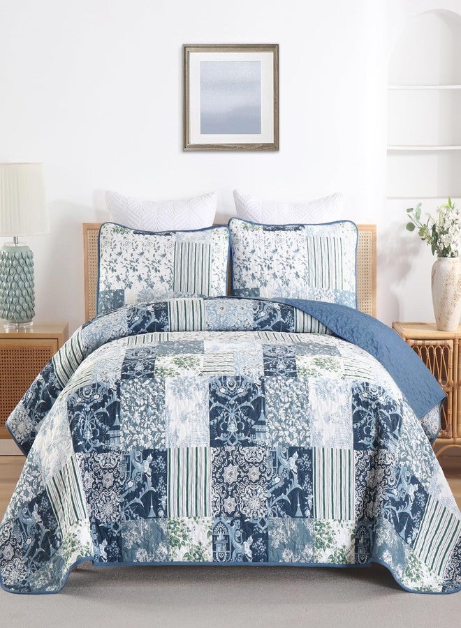 Drucon Patchwork Quilt Set King Size, Blue Plaid Reversible Bedspread Coverlet Set 3 Pieces for All Season, Soft Microfiber Bedding Set 104"x90" - Image 2
