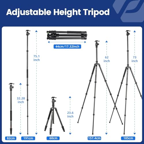Fotopro 73" Carbon Fiber Tripod for Camera Compact Travel Tripod with Ball Head Detachable Monopod with Quick Release Plate and Camera Bag Load up to 22lbs/10KG X-Go Plus E2 Black - Image 3