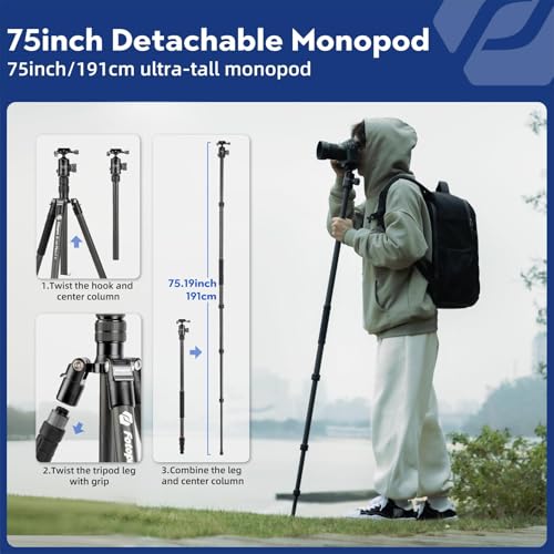 Fotopro 73" Carbon Fiber Tripod for Camera Compact Travel Tripod with Ball Head Detachable Monopod with Quick Release Plate and Camera Bag Load up to 22lbs/10KG X-Go Plus E2 Black - Image 4