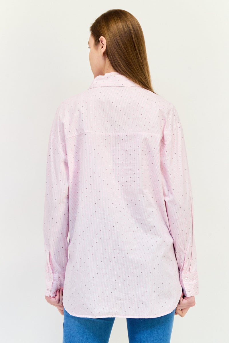 XOXO Women Spread Neck Long Sleeves Micro Stripe Shirt, Pink  - Image 3