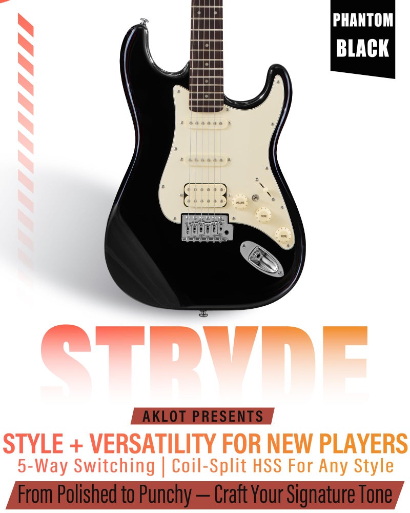 AKLOT Beginner Electric Guitar Kit: 10W Amp, Coil-Split HSS Pickups, Lesson Book, Roasted Maple Neck, Gig Bag, Tuner, Strap, Picks, Stryde Phantom Black - Image 3
