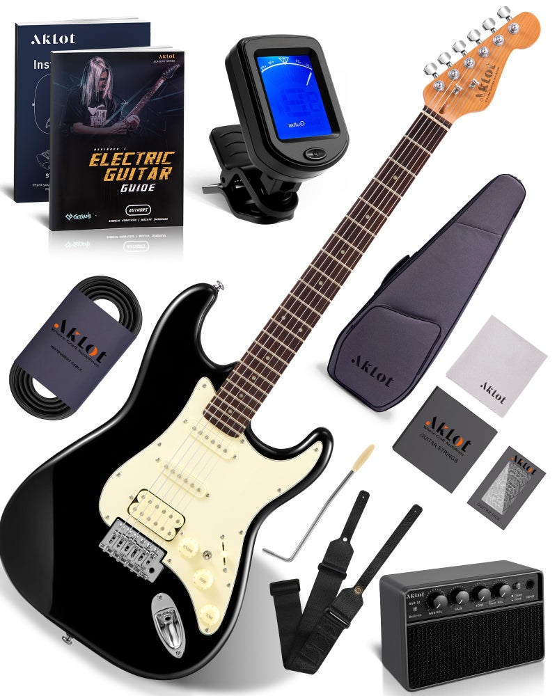 AKLOT Beginner Electric Guitar Kit: 10W Amp, Coil-Split HSS Pickups, Lesson Book, Roasted Maple Neck, Gig Bag, Tuner, Strap, Picks, Stryde Phantom Black - Image 1