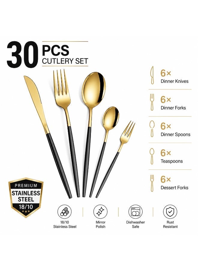 NiceArt 30 piece set of stainless steel black gold knives, forks, spoons - Image 1