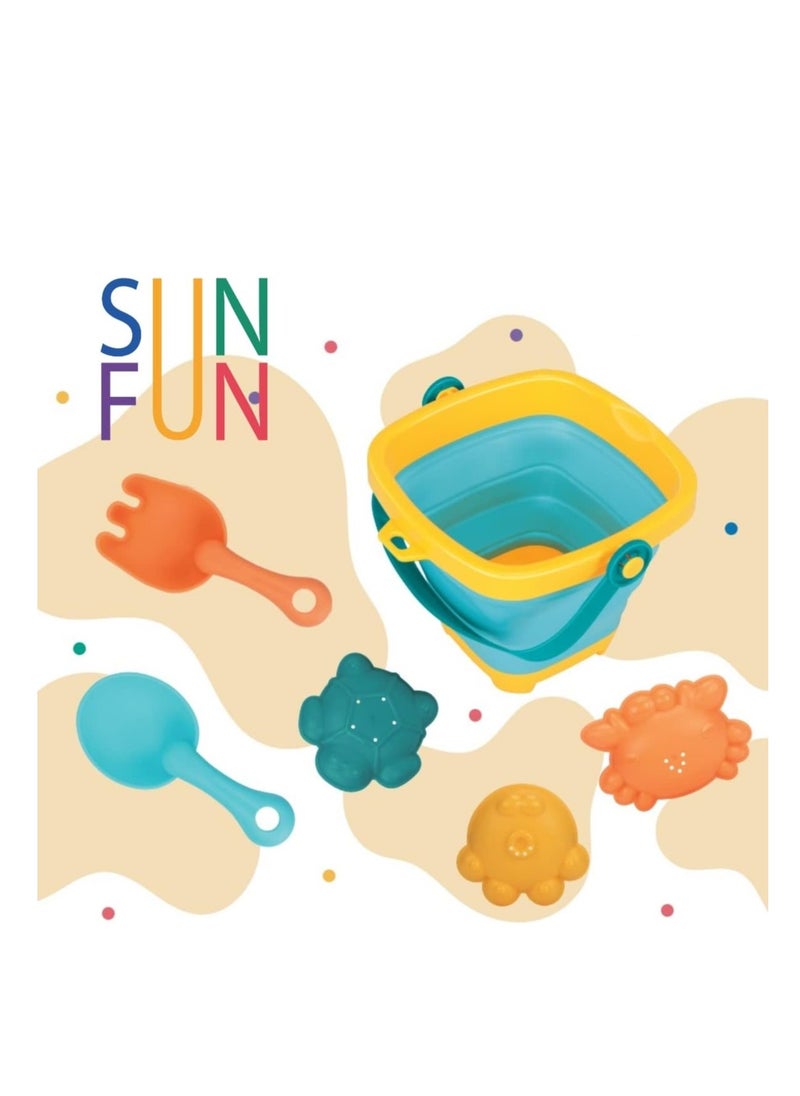 SYOSI - Beach Toys for Kids  Sand Toys  Folding Bucket Shovel and Sand Rake 3 Sand Molds  6 PCS Soft Rubber Toys  Sandbox Toys  Bath Toys - Image 1