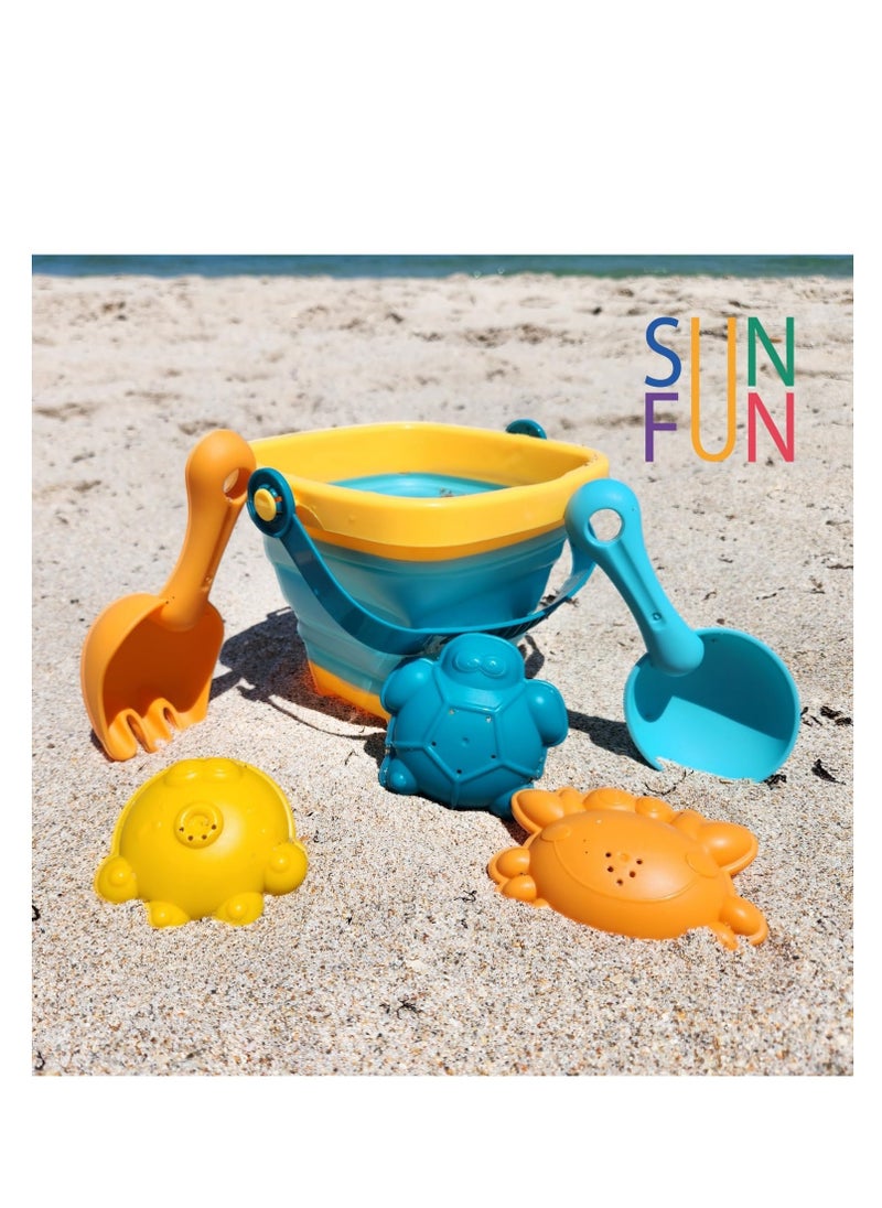SYOSI - Beach Toys for Kids  Sand Toys  Folding Bucket Shovel and Sand Rake 3 Sand Molds  6 PCS Soft Rubber Toys  Sandbox Toys  Bath Toys - Image 1