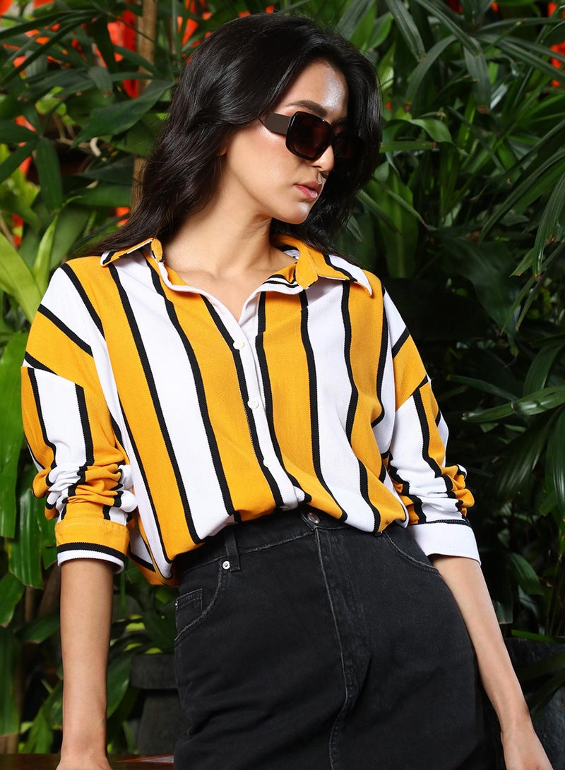 PINACOLADA Women's Mustard Yellow & Chalk White Striped Boxy Shirt  - Image 1
