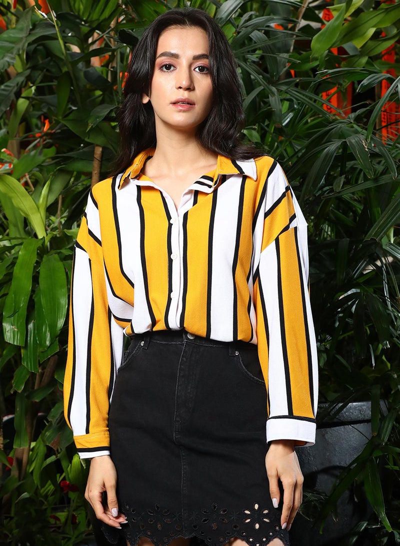 PINACOLADA Women's Mustard Yellow & Chalk White Striped Boxy Shirt  - Image 2
