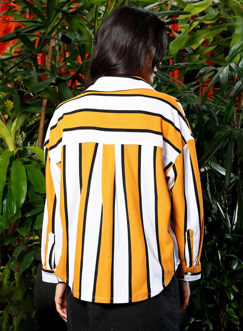 PINACOLADA Women's Mustard Yellow & Chalk White Striped Boxy Shirt  - Image 5