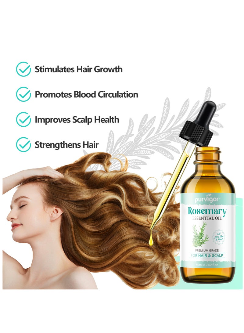 Purvigor 60ml Rosemary Essential Oil  for Hair Growth Pure Organic Rosemary Oil for Dry Damaged Hair and Growth Hair Scalp Oil  Pure and Natural Premium Quality Oil Hair Loss Treatment Oil for Men and Women - Image 2