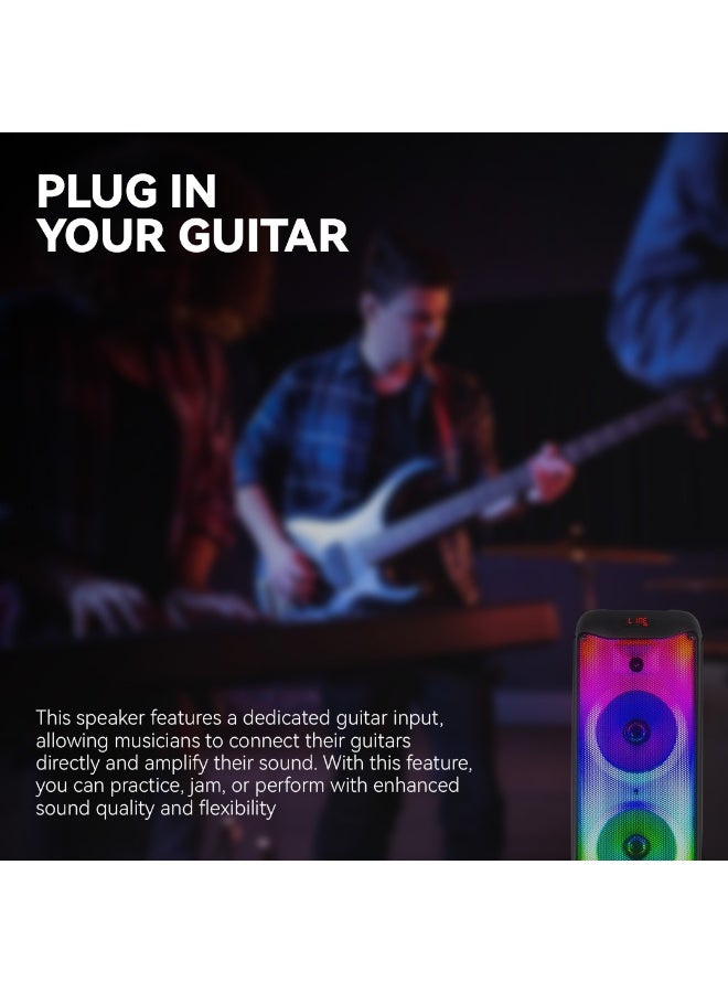 Star Track HALO WAVE G1 – 100W TWS Bluetooth Speaker System | Dual 10" Bass Drivers, 1.5" Tweeter, Guitar Input, Wireless Mic, FM, Flame Lights, USB/TF/AUX/DC, Mic Controls | ST-TS100W-AD - Image 3