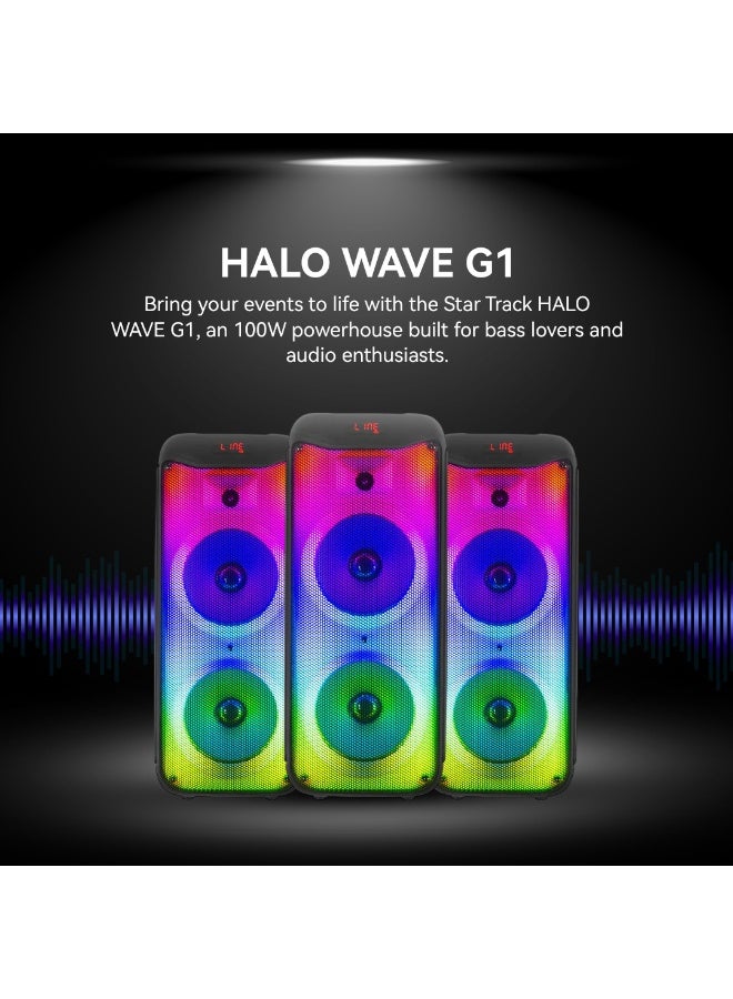 Star Track HALO WAVE G1 – 100W TWS Bluetooth Speaker System | Dual 10" Bass Drivers, 1.5" Tweeter, Guitar Input, Wireless Mic, FM, Flame Lights, USB/TF/AUX/DC, Mic Controls | ST-TS100W-AD - Image 2