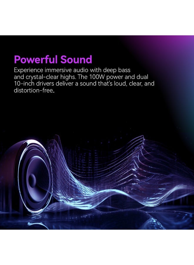 Star Track HALO WAVE G1 – 100W TWS Bluetooth Speaker System | Dual 10" Bass Drivers, 1.5" Tweeter, Guitar Input, Wireless Mic, FM, Flame Lights, USB/TF/AUX/DC, Mic Controls | ST-TS100W-AD - Image 5