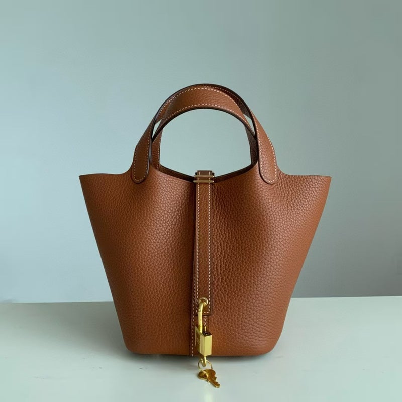 18cm Wax Line Hand Sewed TC Top Layer Cowhide Vegetable Basket Bag Bucket Bag Genuine Leather Womens Bag Handbag Golden brown 