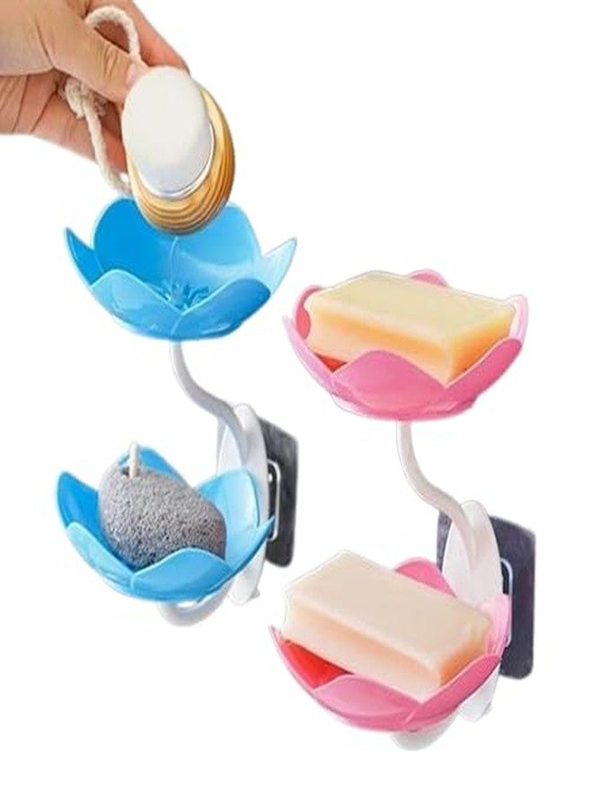 PUHBRHY Wall Mounted Double Layer Flower Shape Soap Dish Holder with Self Adhesive Sticker Waterproof Sabundani for Bathroom Kitchen Tray Draining Stand & Sponge Rack (2 pcs) - Image 1