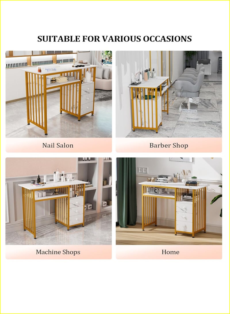 دي بلو طاولة وحدة تحكم للمدخل بثلاث طبقات مع سطح بمظهر رخامي أبيض وإطار معدني - طاولة أريكة ضيقة بثلاثة أرفف تخزين مفتوحة للمدخل، والممر، وغرفة المعيشة، وغرفة النوم، وطاولة الزينة، والمكتب - حامل عرض مزخرف - أثاث منزلي فاخر حديث - Image 4