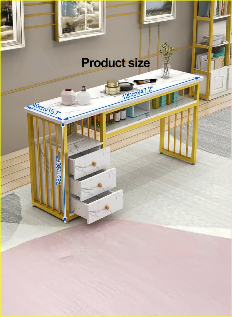 دي بلو طاولة وحدة تحكم للمدخل بثلاث طبقات مع سطح بمظهر رخامي أبيض وإطار معدني - طاولة أريكة ضيقة بثلاثة أرفف تخزين مفتوحة للمدخل، والممر، وغرفة المعيشة، وغرفة النوم، وطاولة الزينة، والمكتب - حامل عرض مزخرف - أثاث منزلي فاخر حديث - Image 2