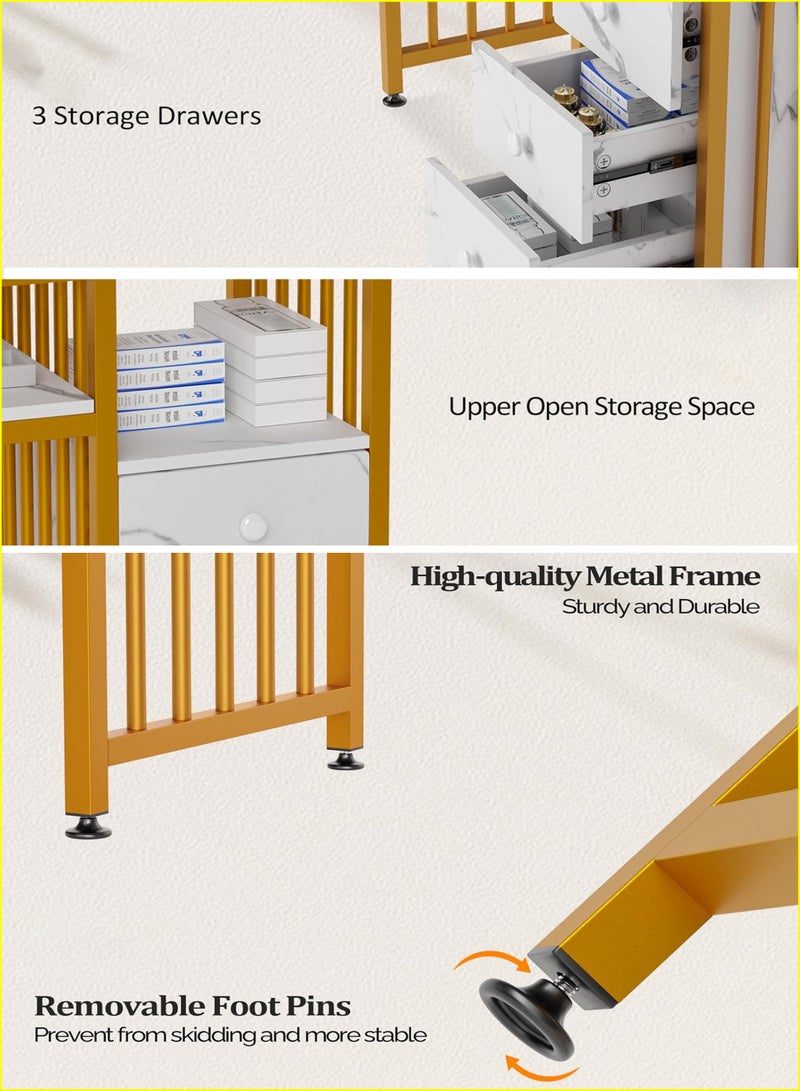 دي بلو طاولة وحدة تحكم للمدخل بثلاث طبقات مع سطح بمظهر رخامي أبيض وإطار معدني - طاولة أريكة ضيقة بثلاثة أرفف تخزين مفتوحة للمدخل، والممر، وغرفة المعيشة، وغرفة النوم، وطاولة الزينة، والمكتب - حامل عرض مزخرف - أثاث منزلي فاخر حديث - Image 5