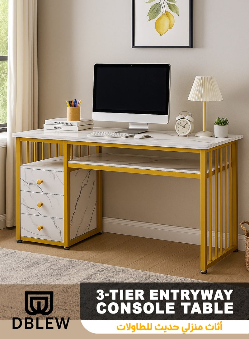 دي بلو طاولة وحدة تحكم للمدخل بثلاث طبقات مع سطح بمظهر رخامي أبيض وإطار معدني - طاولة أريكة ضيقة بثلاثة أرفف تخزين مفتوحة للمدخل، والممر، وغرفة المعيشة، وغرفة النوم، وطاولة الزينة، والمكتب - حامل عرض مزخرف - أثاث منزلي فاخر حديث - Image 1