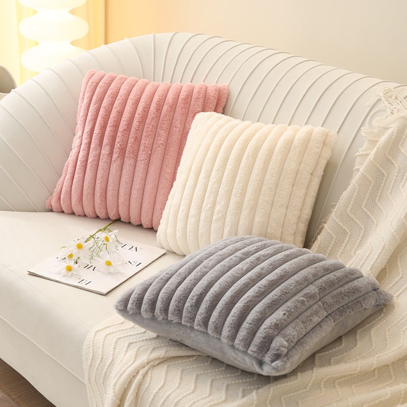 Nordic Cream Ins Style Solid Color Vertical Strip Imitation Rabbit Plush Pillow Case Single-Sided Simple Sofa Bedroom Pillow Cushion Cover - Image 5