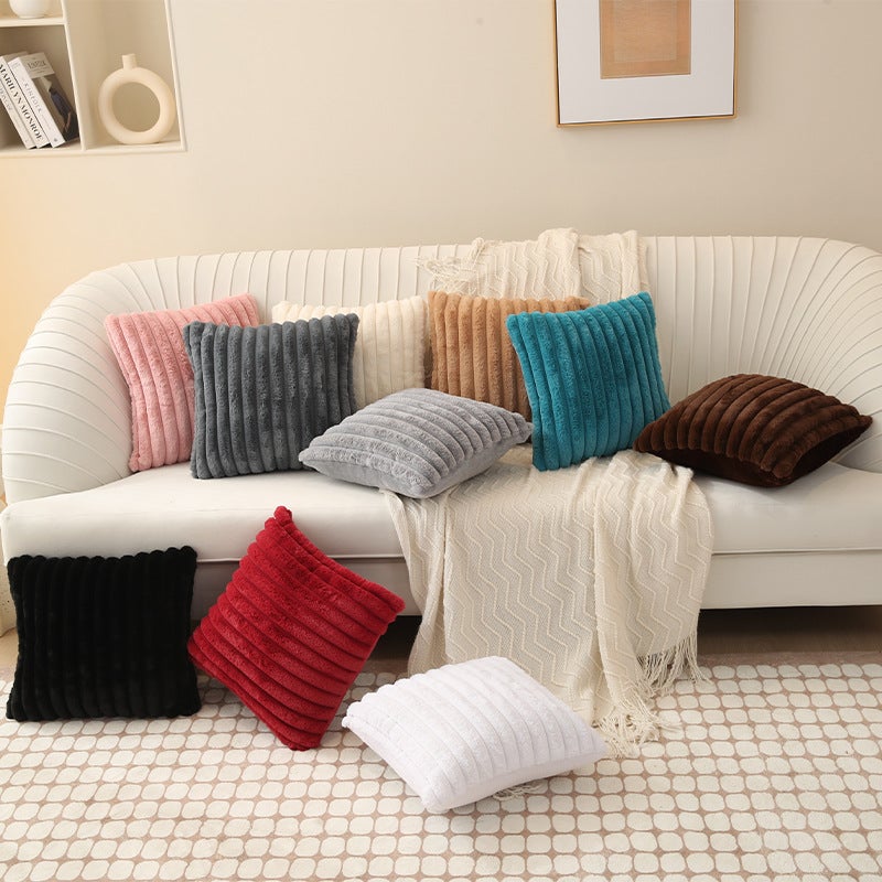 Nordic Cream Ins Style Solid Color Vertical Strip Imitation Rabbit Plush Pillow Case Single-Sided Simple Sofa Bedroom Pillow Cushion Cover - Image 3