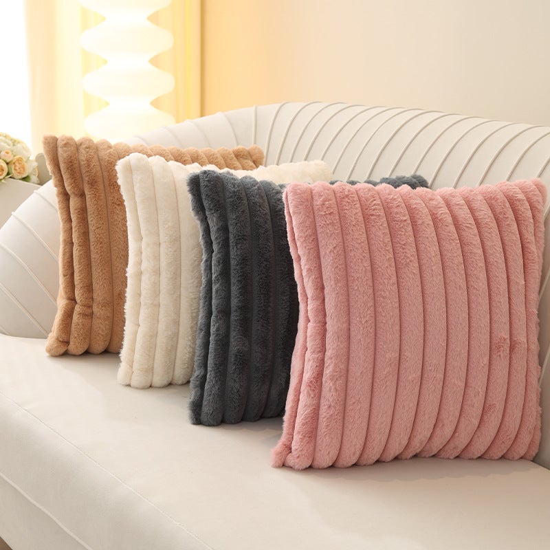 Nordic Cream Ins Style Solid Color Vertical Strip Imitation Rabbit Plush Pillow Case Single-Sided Simple Sofa Bedroom Pillow Cushion Cover - Image 2