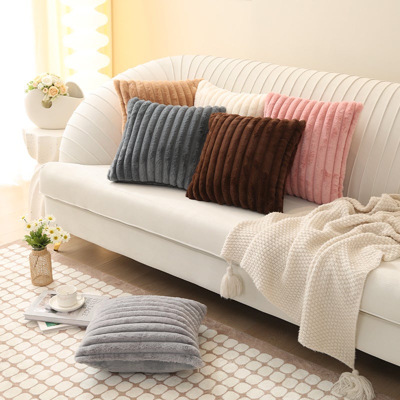 Nordic Cream Ins Style Solid Color Vertical Strip Imitation Rabbit Plush Pillow Case Single-Sided Simple Sofa Bedroom Pillow Cushion Cover - Image 4