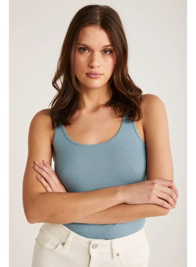 Ethiquet Jayla Women's Cotton Slim Fit Narrow Cut Thick Strappy V-Neck Knit Mint Green Tank Top.