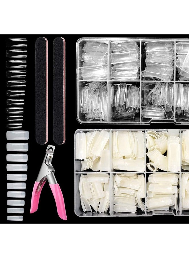 Fameza 200Pcs Square Nail Tips For Acrylic Nails Professional, Fake Clear Natural Acrylic Short Square French Artificial Nail Tips Half Cover With Acrylic Nail Clipper, 2Pcs Nail Files - Image 1