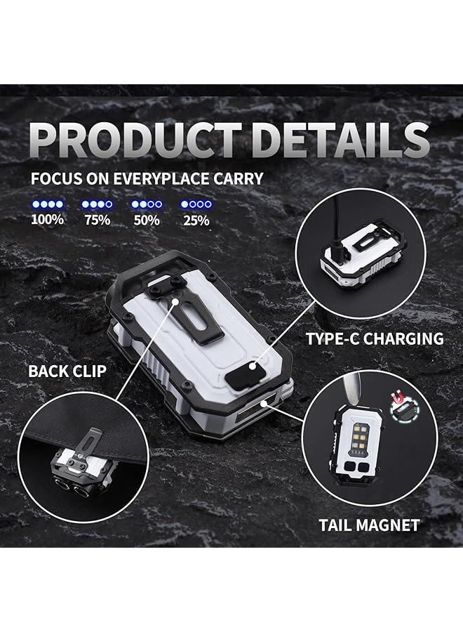 【Upgrade】 Mini Keychain Flashlight with Magnet USB C Rechargeable EDC 800 High Lumens LED  COB Portable Clip on Flashlights 8 Modes Waterproof (White) - Image 5