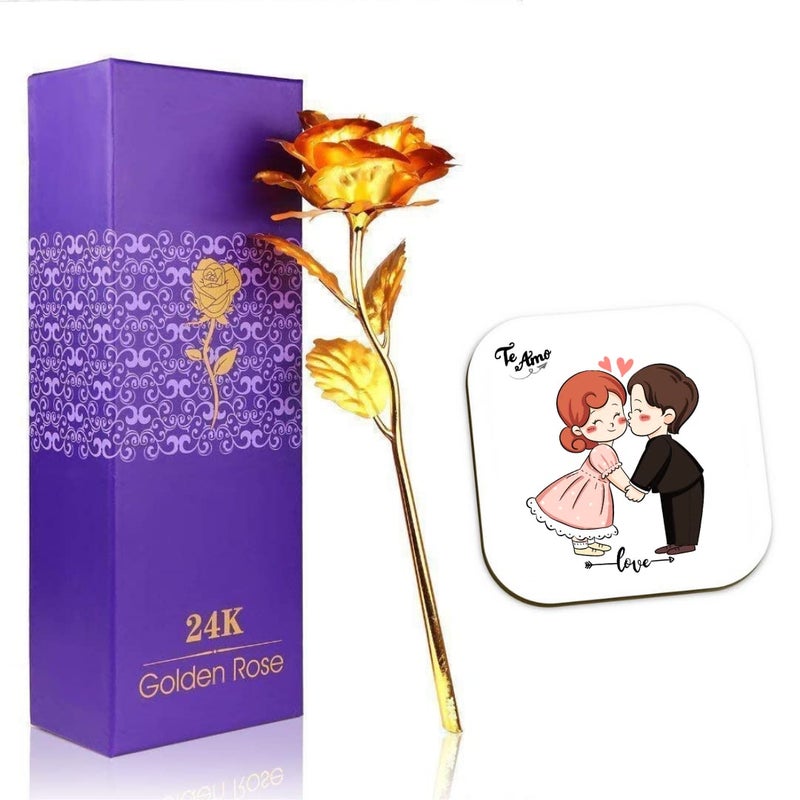Desi Vastra Artificial Golden Rose Flower with Coaster for Decorations24K Gold Rosefor Loves OnesValentines DayMothers DayAnniversaryBirthday10 inch with Loving Box and Carry Bag 