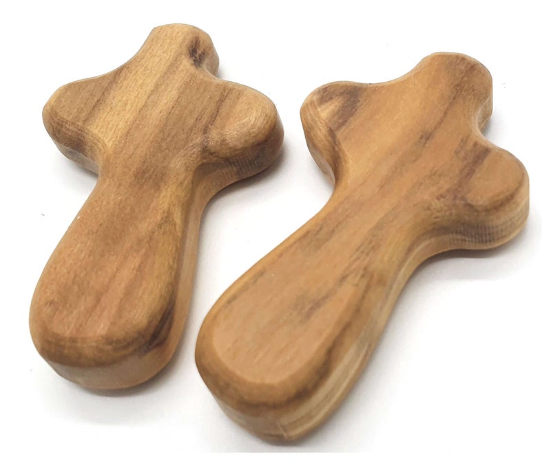 Zuluf Two Small Olive Wood Crosses Pocket Holding Comfort Crosses | Handheld Comforting Design For Clutching  Clinging And With Two Holy Land Certificates 6Cm / 2.5 Inch Each Cross - Crs094 - Image 5