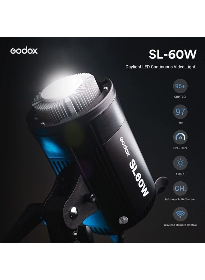 Godox Godox SL-60W SL60W CRI95+Qa>90 5600±300K Bowens Mount LED Video Light,433MHz Grouping System,Wirelessly Adjust Brightness,for Video Recording Wedding Outdoor Shooting,W/Reflector,LETWING Color Filter